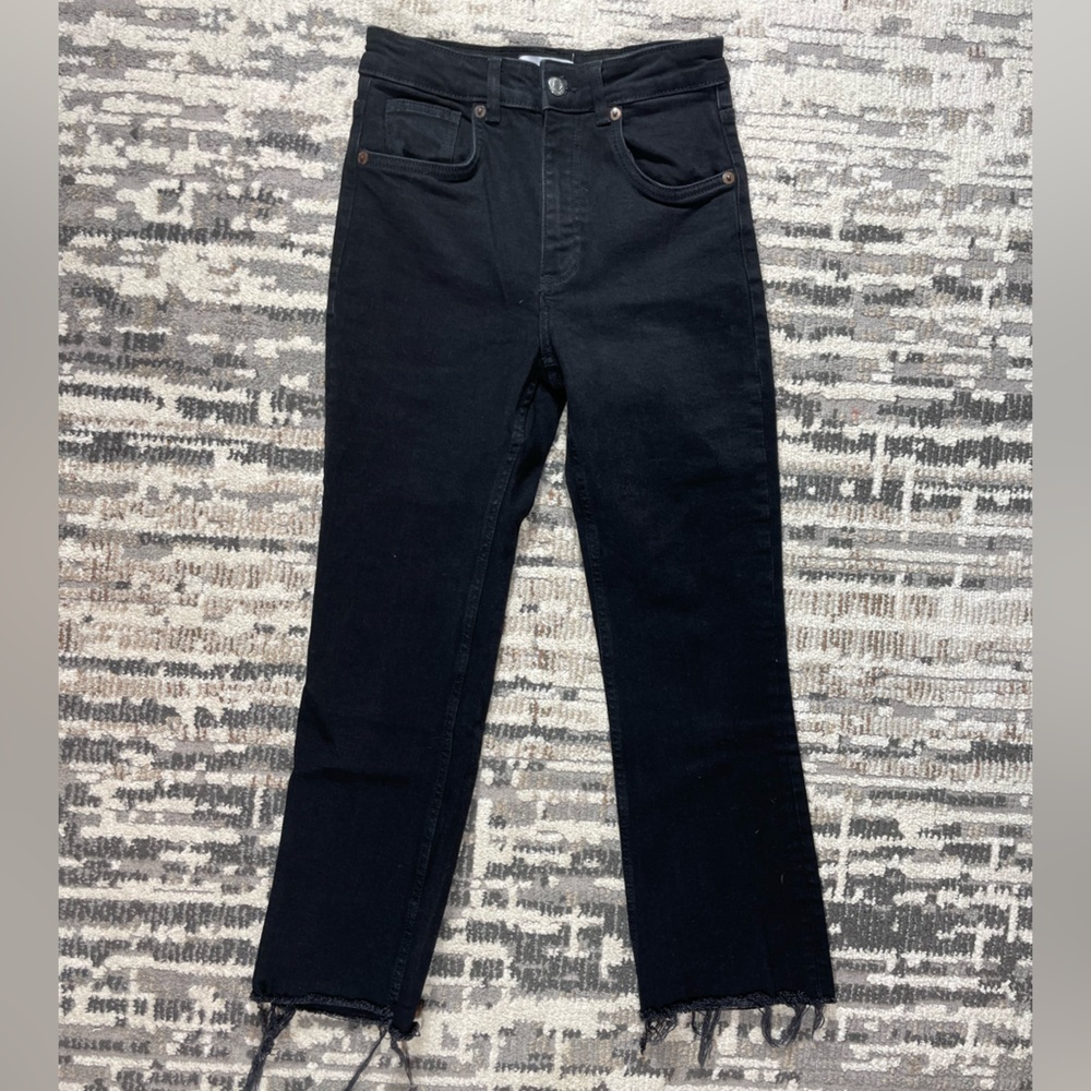Zara Black Highrise Cropped Raw Hem Straight Leg Jeans Cotton - Picture 10 of 13
